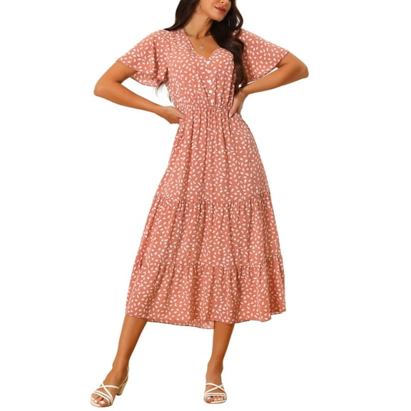 INSPIRE CHIC Women's Summer Casual Short Flutter Sleeve V Neck Elastic Waist Flowy Polka Dots Dress S Coral