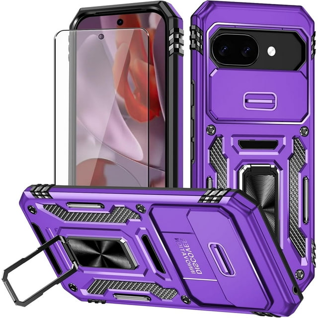 KOMI for Google Pixel 9a Case with Screen Protector and with Camera Cover, 360°Military Grade Rotatable Kickstand (Heavy Duty) Shockproof Protective, Case for Google Pixel 9a Purple