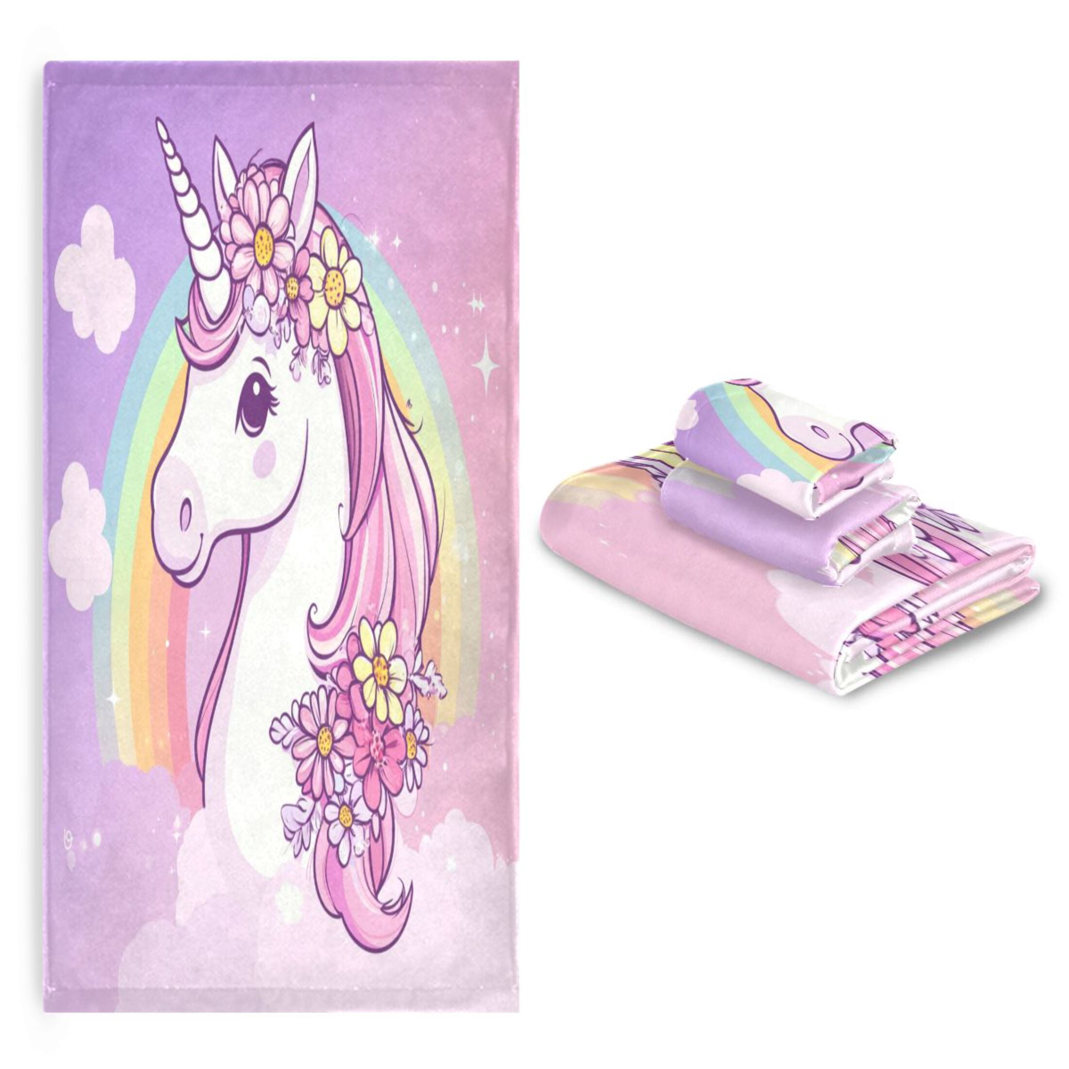 WOBOGO Rainbow Pony Ultra Soft 3 Pack Cotton Towel Set Includes 60 x 30in Bath Towel 28 x 16in Face Towel and 13 x 13in Small Square Towel for Everyday Use Lightweight and Compact