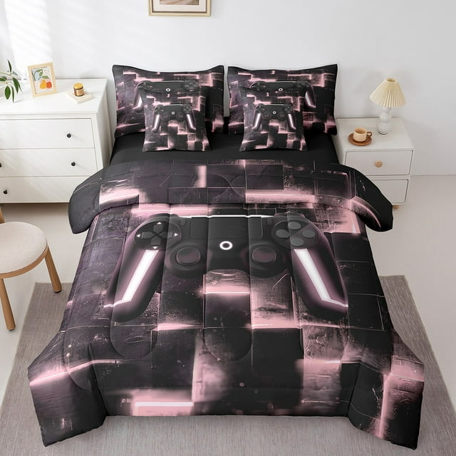 YST 7-Piece Gaming Bed in a Bag, Abstract Gradient Checkered Bedding Set, Queen Size, Black and Pink, Geometric Plaid, Comforter Set