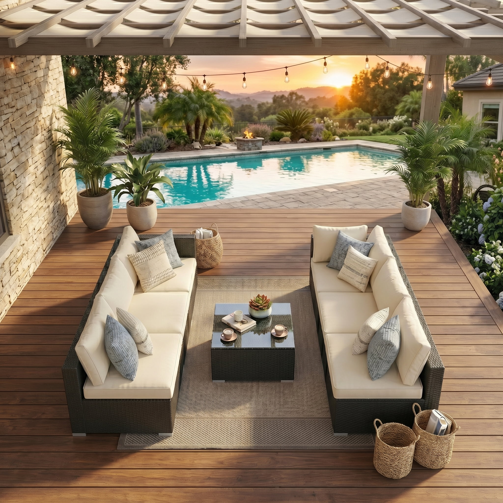 Howcool 7-Piece Modular Outdoor Patio Furniture Set with Cushions and Tempered Glass Table