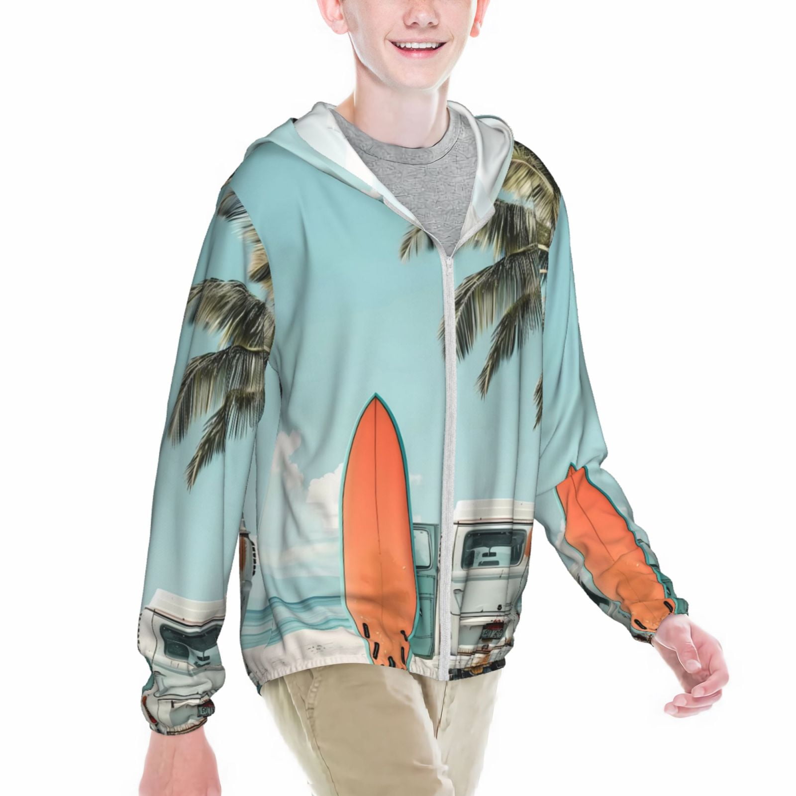 Xecao Vintage Surf Van Beach Print Fishing Shirts for teenager Long Sleeve UV Sun Protection Hoodie with Zipper Outdoor Hiking Shirts-Medium