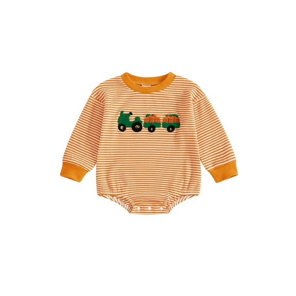 BemeyourBBs Boy Halloween Striped Romper Trucker Pumpkin Embroidery Jumpsuit