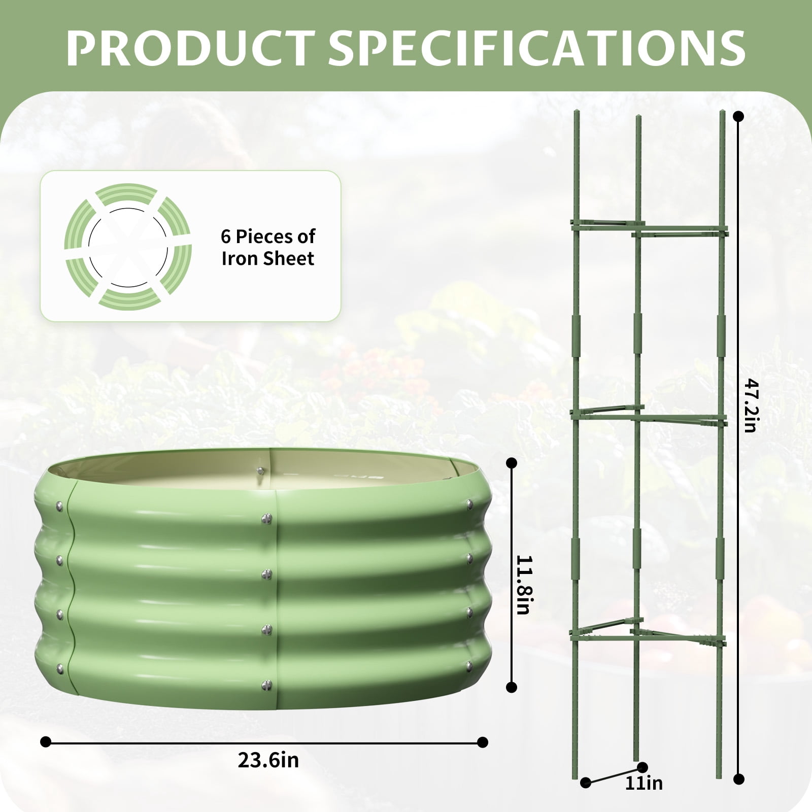 MOPHOTO 3 Pcs 24x24x12in Round Galvanized Raised Garden Bed with Tomato Cages, Metal Planter Box for Planting Plants Vegetables Herbs Flowers, Green