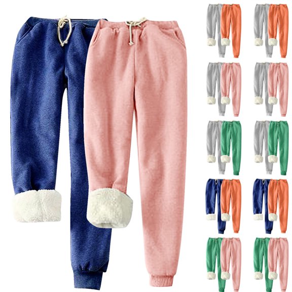 VEKDONE Womens Sweatpants 2 Pack Winter Sherpa Lined Warm Sweatpants Plus Size Thermal Leggings Solid Color Basic Loungewear Fleece Joggers with Pockets
