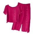 thumbnail image 1 of 2 Pièces Tenues pour les Femmes Été Solide Col Rond Bouton Demi Manches Pull Chemise Tops + Pantalon Pantalon Ensemble de Pantalons, 1 of 8