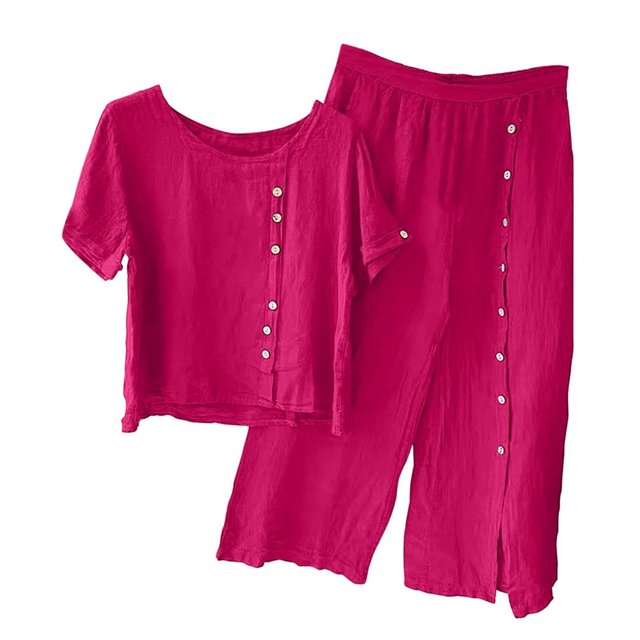 2 Pièces Tenues pour les Femmes Été Solide Col Rond Bouton Demi Manches Pull Chemise Tops + Pantalon Pantalon Ensemble de Pantalons