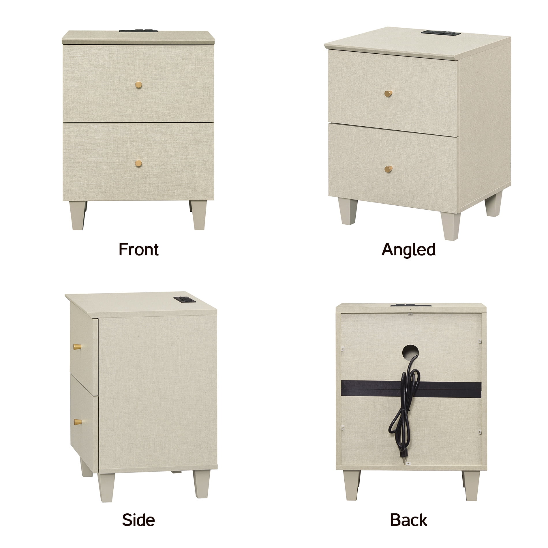 WAMPAT Modern Nightstands Set of 2, Wooden Bedside Tables with 2 Large Drawers and Charging Station, Small End Tables for Bedroom, Beige Linen Printed