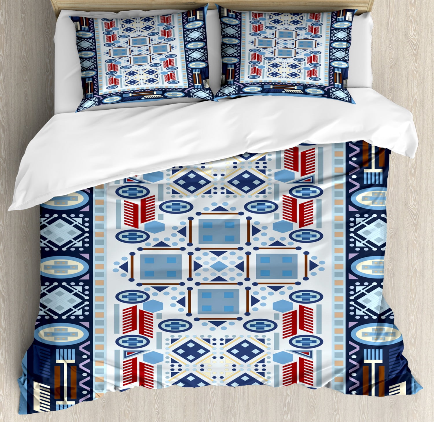 Afghan Queen Size Duvet Cover Set, Blue Toned Geometric Motifs Tribal Timeless Design Middle