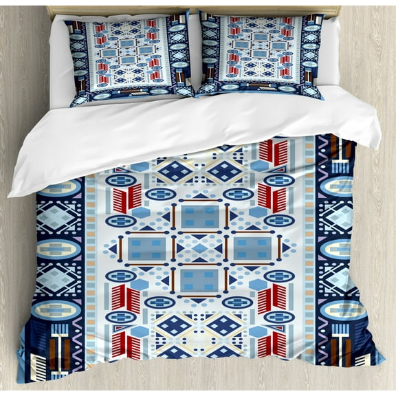 Afghan King Size Duvet Cover Set, Blue Toned Geometric Motifs Tribal Timeless Design Middle Eastern Culture Pattern, Decorative 3 Piece Bedding Set with 2 Pillow Shams, Multicolor, by Ambesonne