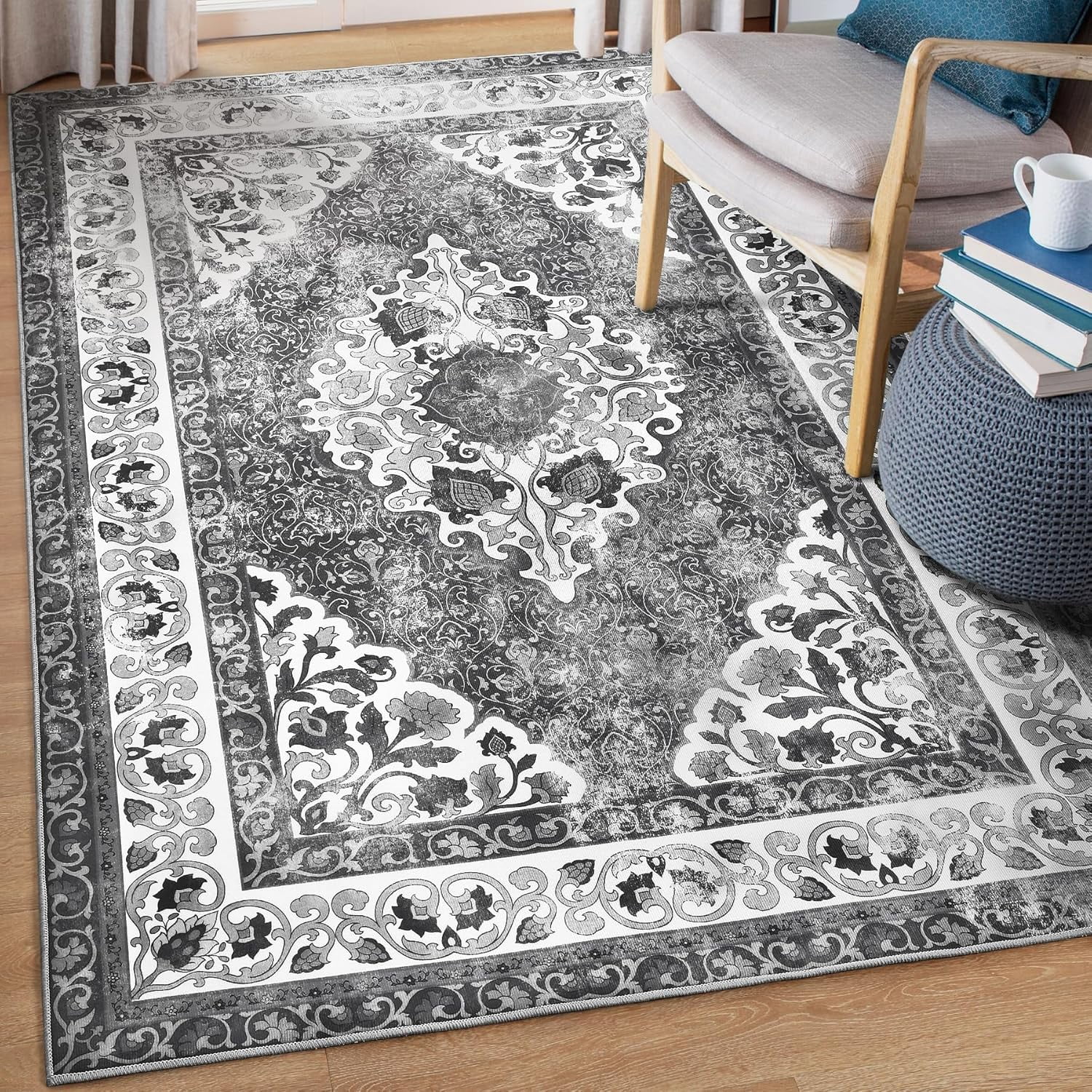 YJ.GWL Area Rugs Vintage Rug for Living Room Bedroom Indoor Mat Carpet Home Decor,4'x6',Grey