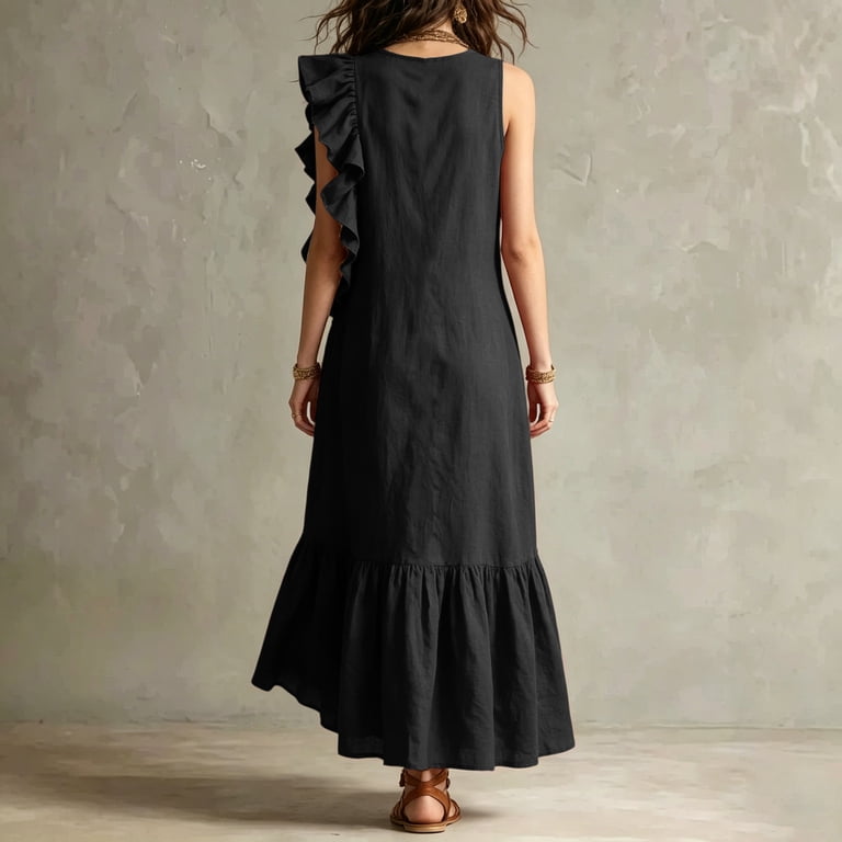 Yuxingfu Church Dresses for Women Maxi Henley Plus Size Womens Dress Sleeveless with Pocket Long Casual Summer Black S, Women's, Size: Small