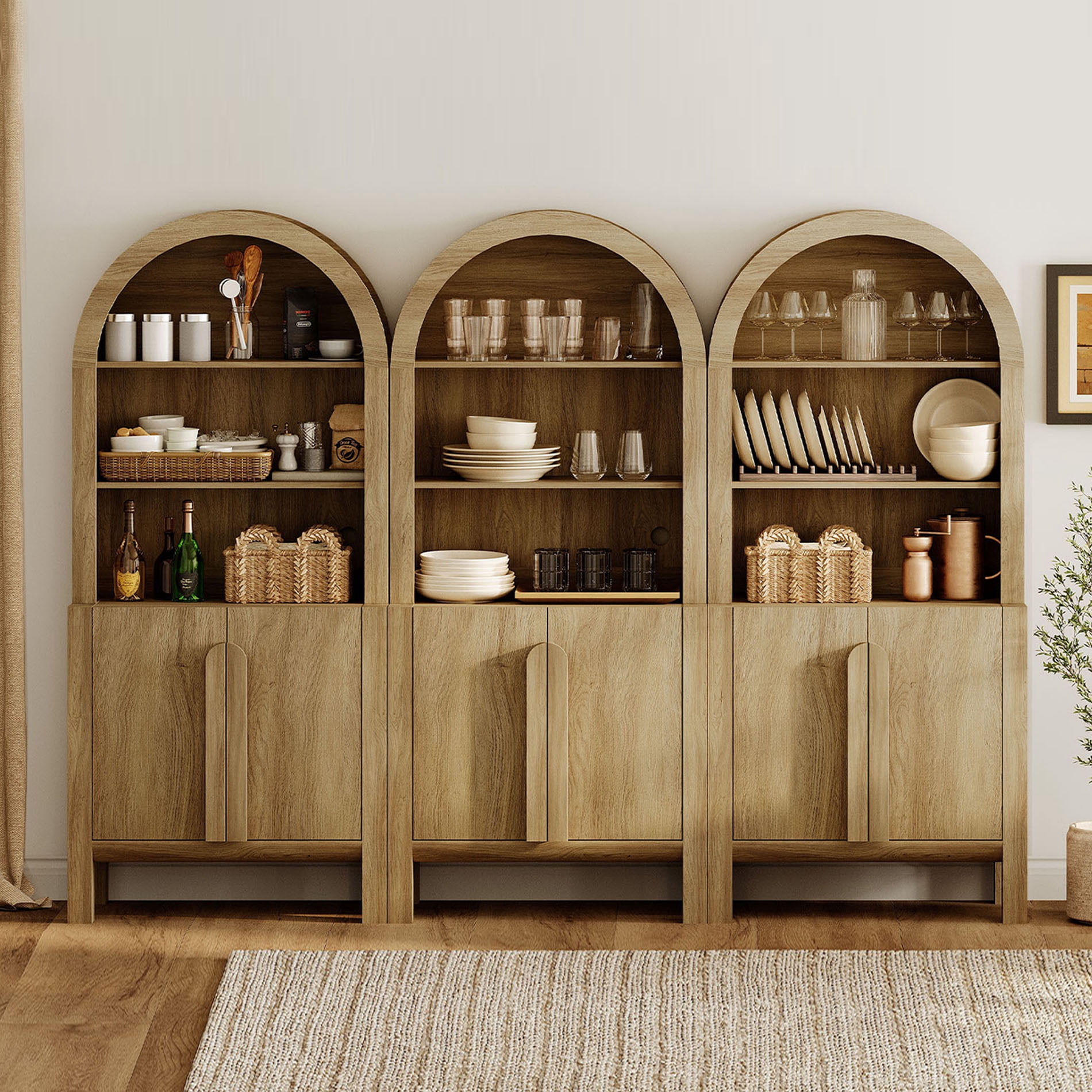 94.5"W Arched Kitchen Hutch Sideboard, Mid-Century Modern Buffet Hutch Cabinet with 6 Wooden Doors And 3 Tier Shelves