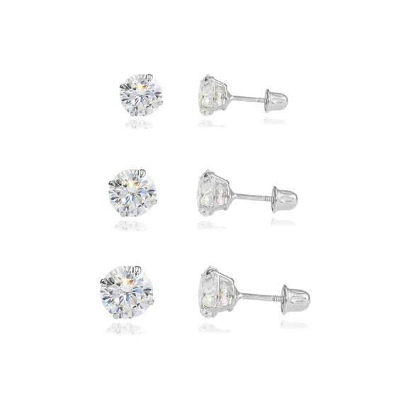 3 PAIR SET! 10K White Gold Solitaire Round CZ Stud Post Earrings with Secure Screw-backs | 2.5mm, 3mm, 4mm | Women, Men, Unisex