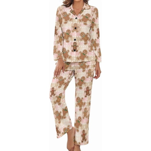 Top-kevin Womens Pajamas Set Gingerbread Men Soft Long Sleeve Sleepwear Button Down Sets