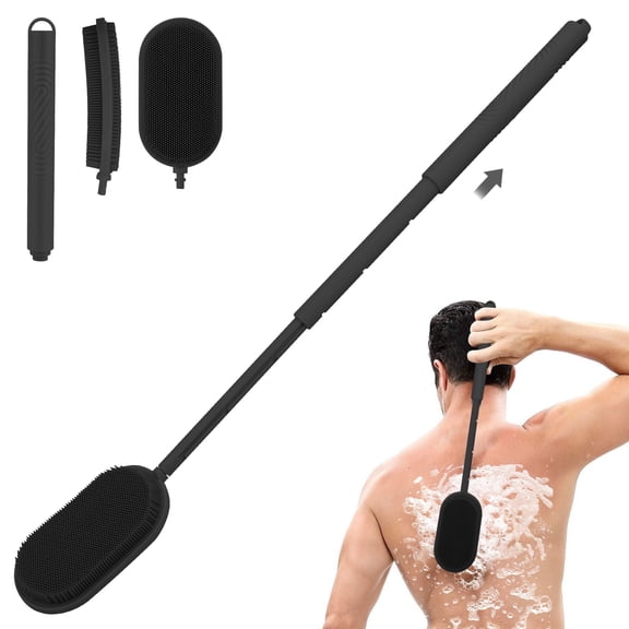 New Upgrade Back Scrubber for Shower, 27.6'' Long Handle Shower Brush for Body, Double Sided Bath Back Brush for Body Exfoliator and Deep Clean, Black