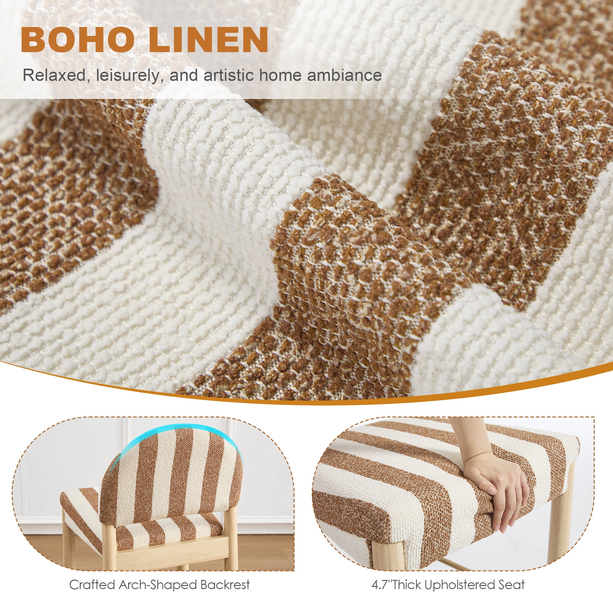 ONEVOG 26.4'' Counter Height Wooden Bar Stools Set of 2, Upholstered Linen Fabric Bar Stools with Arched Back & Solid Wood Legs, BOHO Linen Counter Chairs for Kitchen Island, White & Brown Stripes