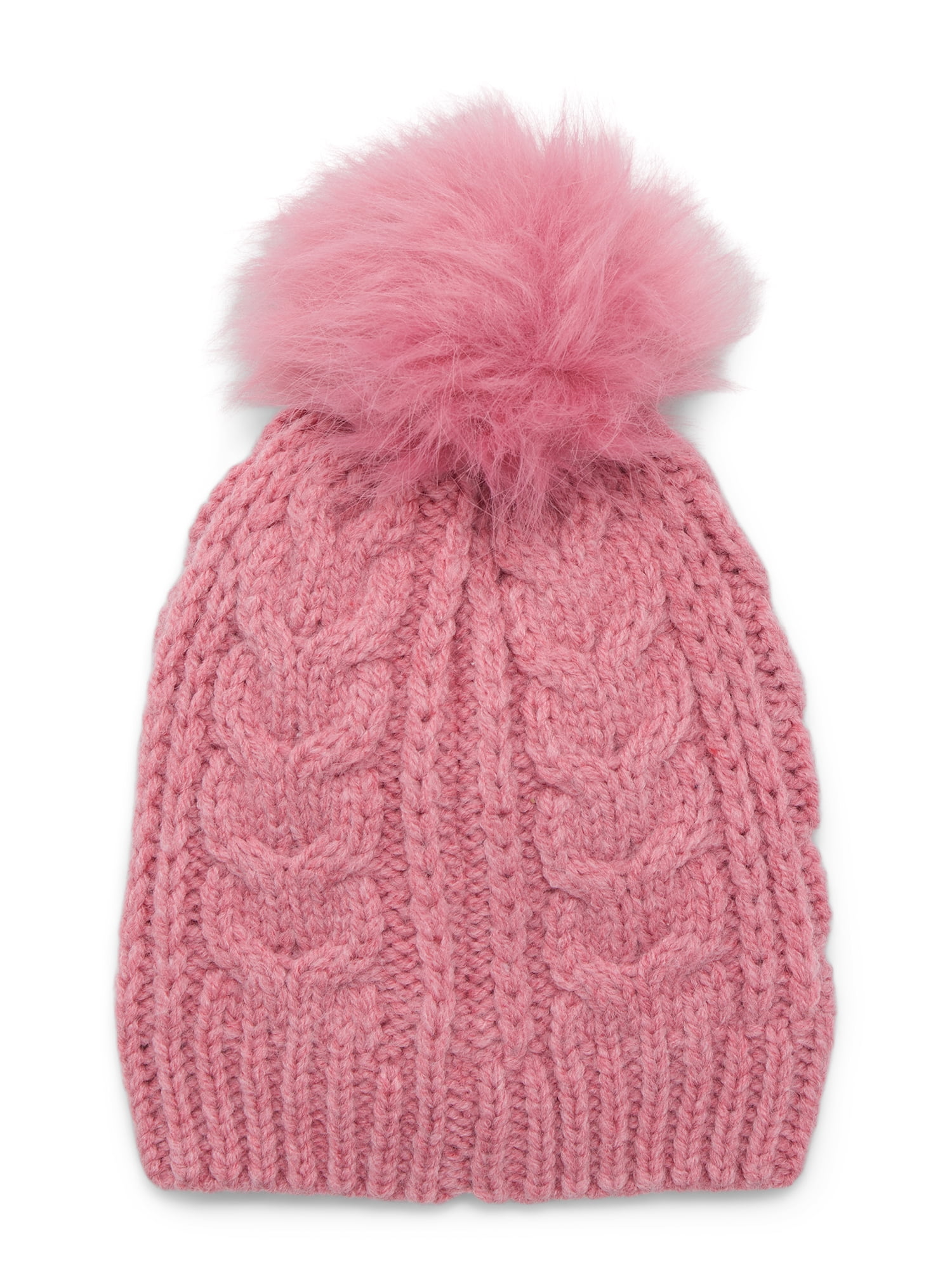 Time and Tru Women's Cable Pom Beanie, One Size Fits Most, Pink Pottery Heather
