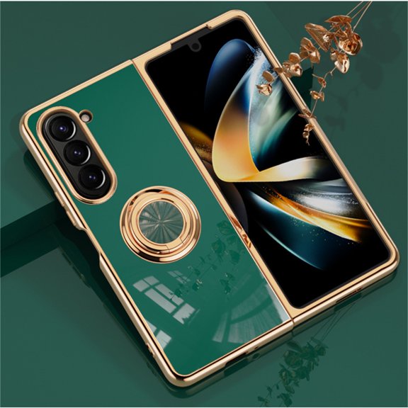 for Samsung Galaxy Z Fold 6 Case [with 360°Rotatable Ring Holder][Support Magnetic Car Mount]Shiny Plating Gold Slim Fit Thin Soft TPU Rugged Kickstand Bumper Anti-scratch Shockproof Case,Darkgreen