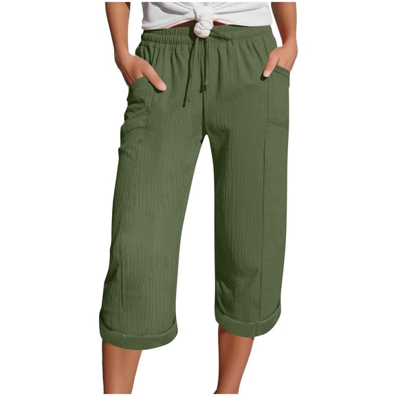 cocolona Womens Summer Casual Beach Capri Pants Elastic Waist Straight Cuffed Wide Leg Cropped Pants with Pockets