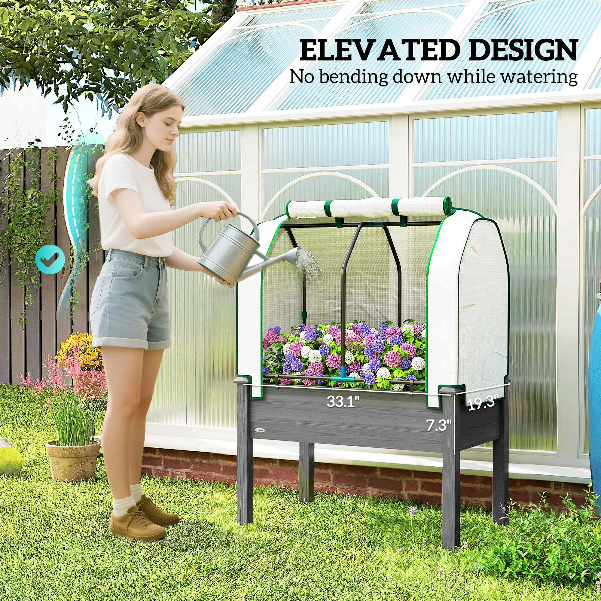 Raised Garden Bed with PE Cover, Fir Wood & Steel Frame, Roll-Up Ventilated Cover, Non-Woven Fabric, 4 Drainage Holes, Planter Box for Flowers Vegetables Outdoor