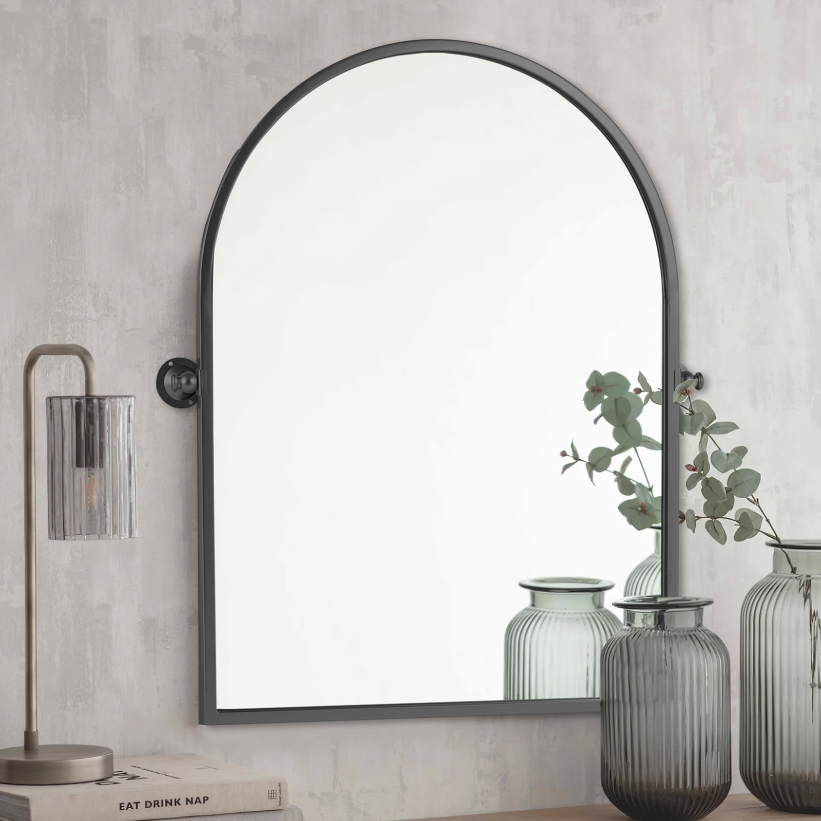 MAYEERTY 36x24 Iron Rounded Arch Black Hardware Hanging Mirror