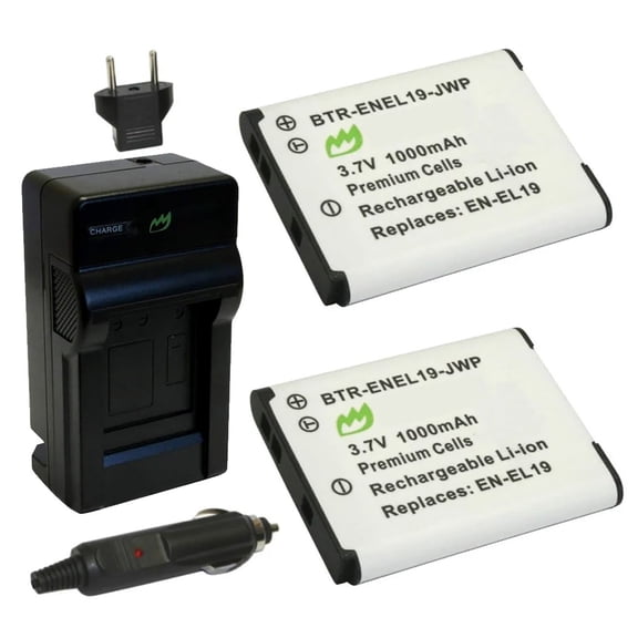 Replacement for Nikon EN-EL19 Battery (2-Pack, 1000mAh) and Charger with Car Adapter