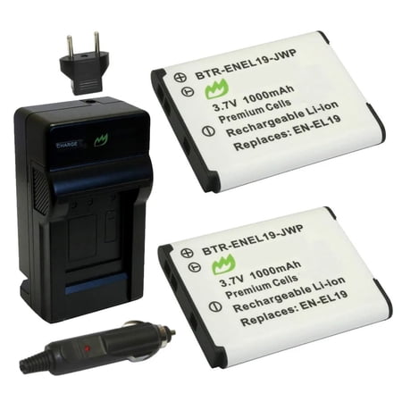 Replacement for Nikon EN-EL19 Battery (2-Pack 1000mAh) and Charger with Car Adapter