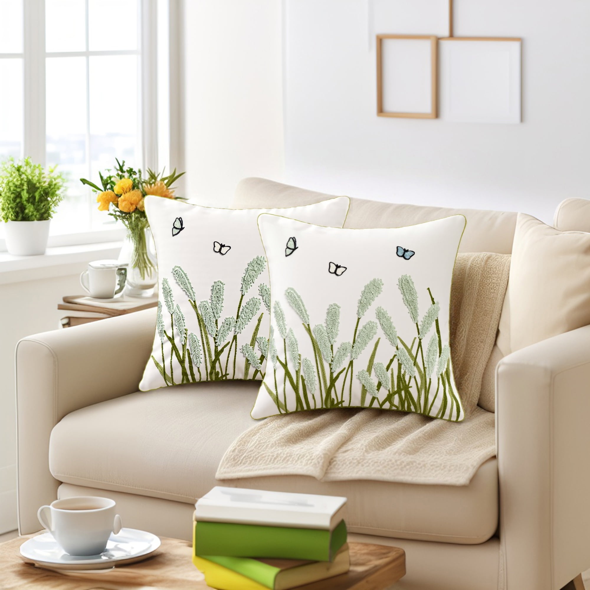 Unique Bargains Cotton Boho Plant Embroidery Soft Square Throw Pillow Covers Green
