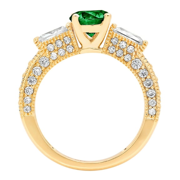2.33 ct Round Cut Simulated Emerald Three-Stone Engagement Ring for Women in 18K Yellow Gold