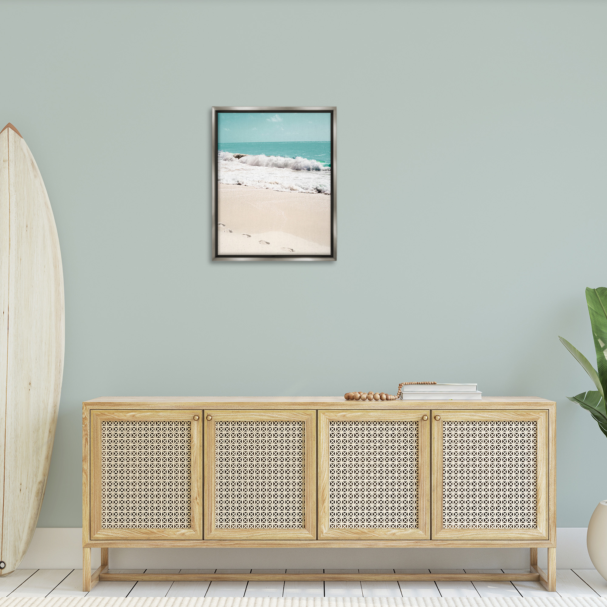 Stupell Industries Footprints on Beach Shore Landscape Photography Gray Floater Framed Canvas Art Print Wall Art, 25 x 31