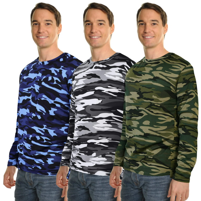 Men’s Camo Brushed Fleece Long-Sleeve Crewneck Thermal Tops, Blue Camo - XL