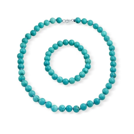 Beaded Turquoise Jewelry Set Stabilized Turquoise 9mm Ball Beads Strand Necklace Stretch Bracelet Set For Women Silver Plated Brass Clasp ()