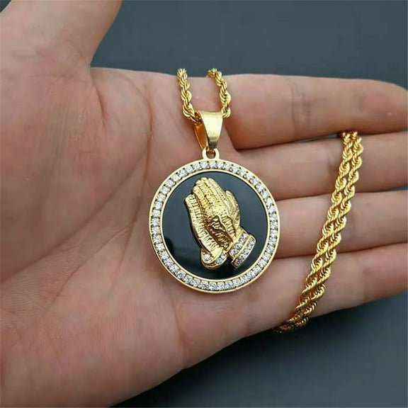 Iced Out Praying Hand Pendant Necklace For Mens/Women 14K Yellow Gold Hip Hop Charm Jewelry Necklace Chain For Gifts