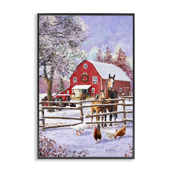 Stupell Industries Winter Farm Scene Holiday Painting Black Framed Art Print Wall Art, 20 x 30