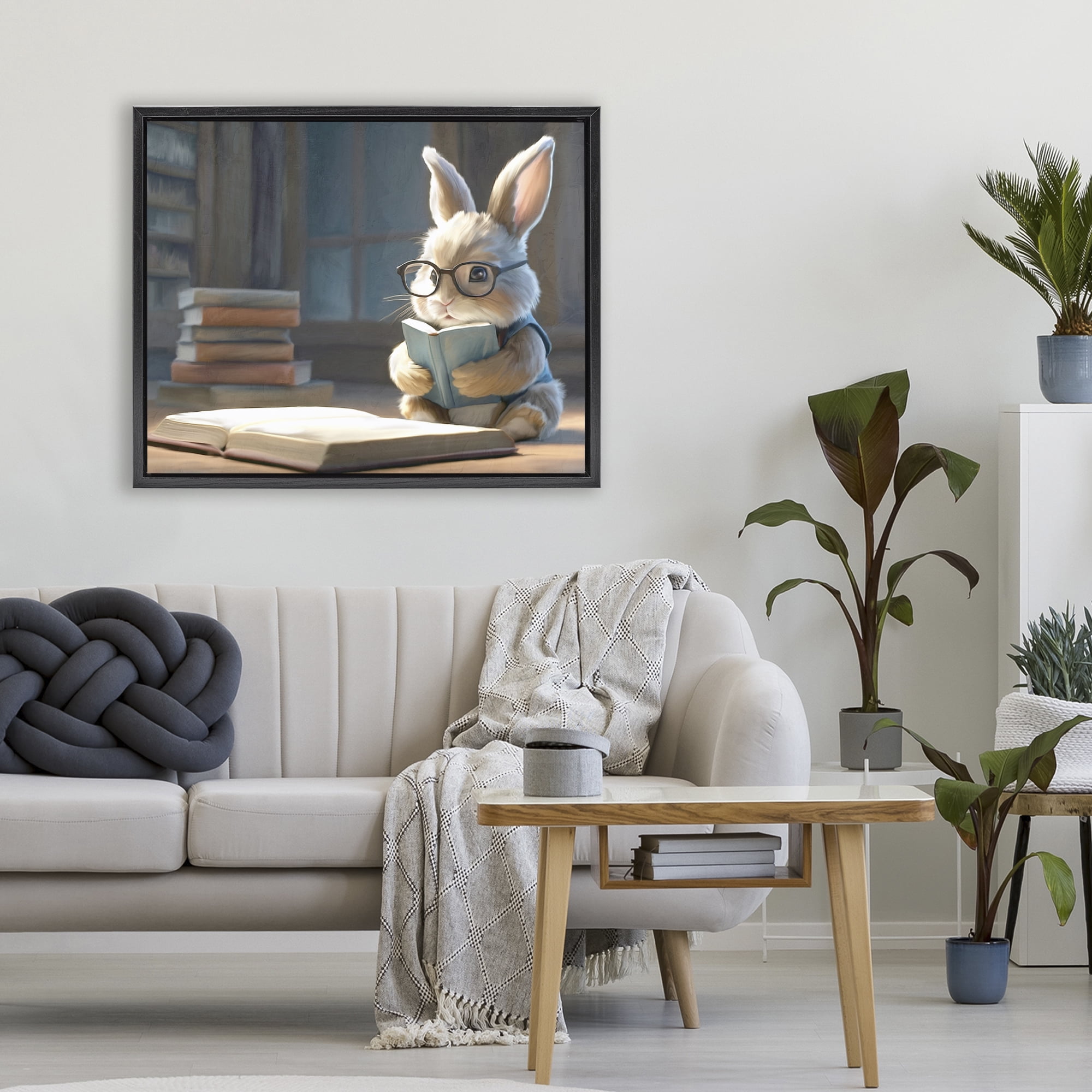 Stupell Industries Bookish Bunny at Desk Black Framed Floater Canvas Wall Art, design by Kim Allen