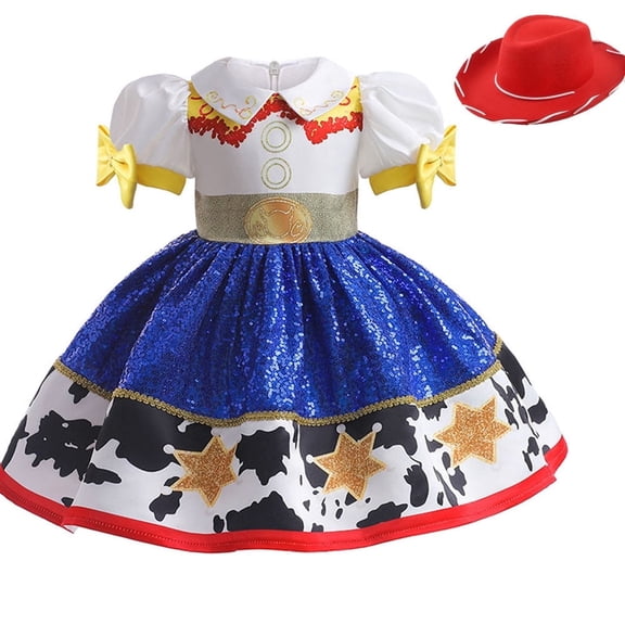 Little Girls Cowgirl Sequins Costume Dress Up Halloween Birthday Party Outfit with Hat