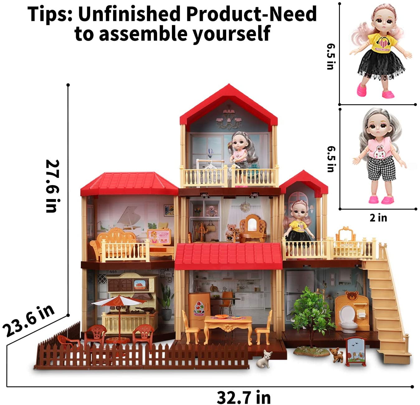 678 Doll House Kit,Dollhouse with Lights, Slide, Pets and Dolls, DIY  Pretend Play Building Playset Toys with Asseccories and Furniture, Princess  House