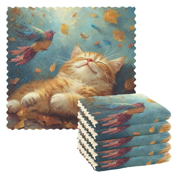 Qxltty Orange Cat Leaf Fall Kitchen Towels Set of 6 Ultra Soft Absorbent Quick Drying Dish Cloths 11 x 11in