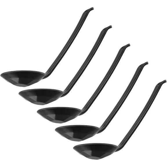 ABCISI 5 Pcs Melamine Japanese Style 8.17" Long handle Soup spoon Ramen Ladle Spoon for Udon Ramen Noodle Soup Pho Hot Pot, Deep Oval Hook Design, Dishwasher Safe, Black