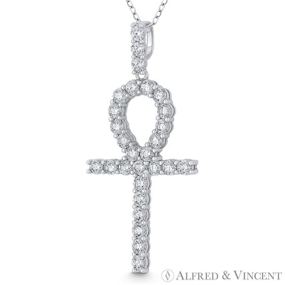 Egyptian Ankh Cross Key-of-Life Large Cubic Zirconia CZ Crystal Pave 50x23mm (2x0.9in) Pendant in .925 Sterling Silver w/ Rhodium
