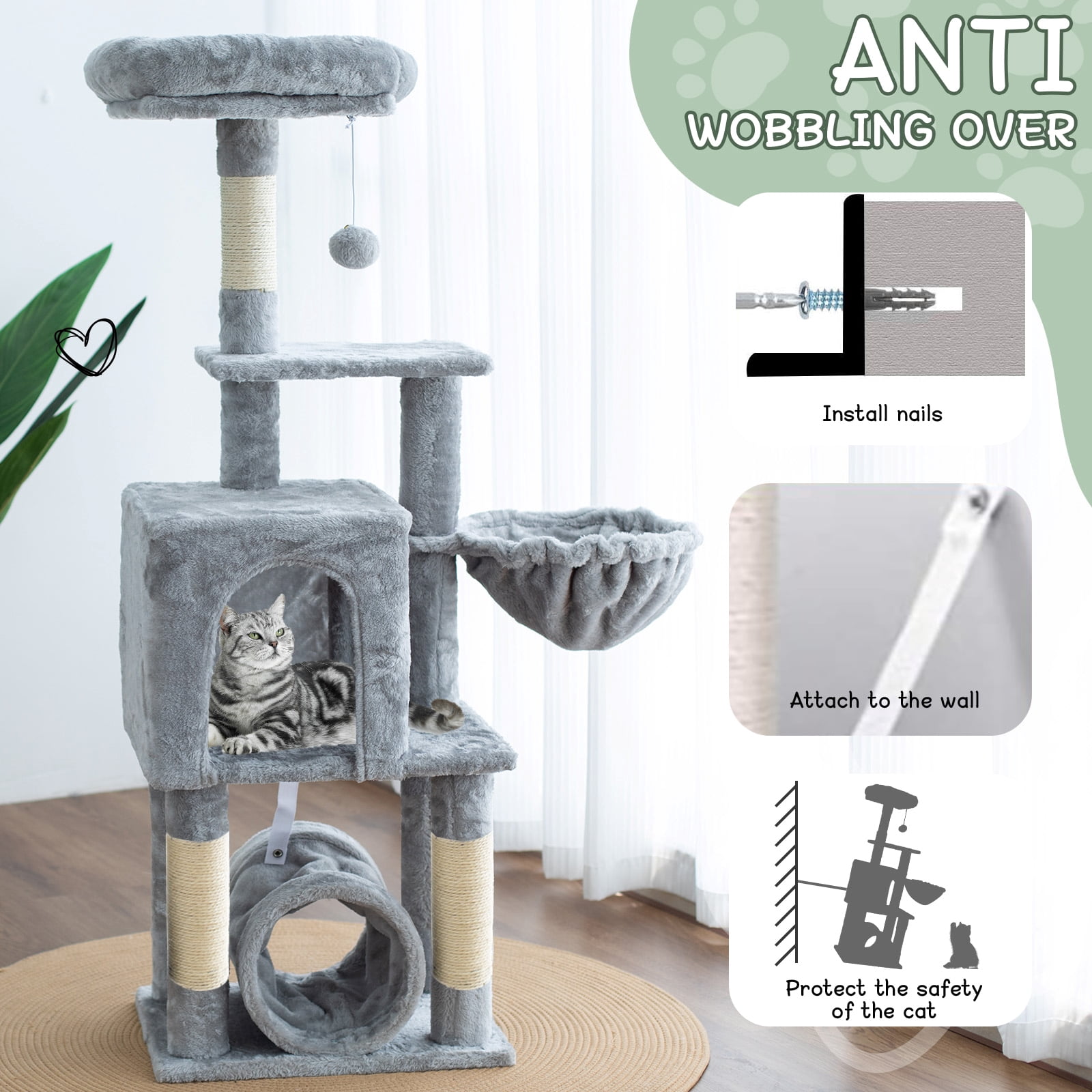Senbonry Cat Tree for Indoor Cats with Scratching Posts, 49in Small Gothic Tower with 9 Inchs Tunnel, Condo, Basket, Pompoms,Light Gray