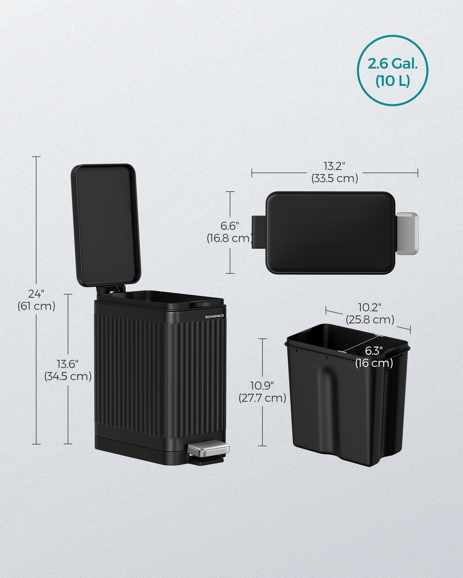 Bathroom Trash Can, 2.6-Gallon (10 L) Trash Bin with Lid, Slim for Small Spaces, Stainless Steel Garbage Can, Soft Close, Black