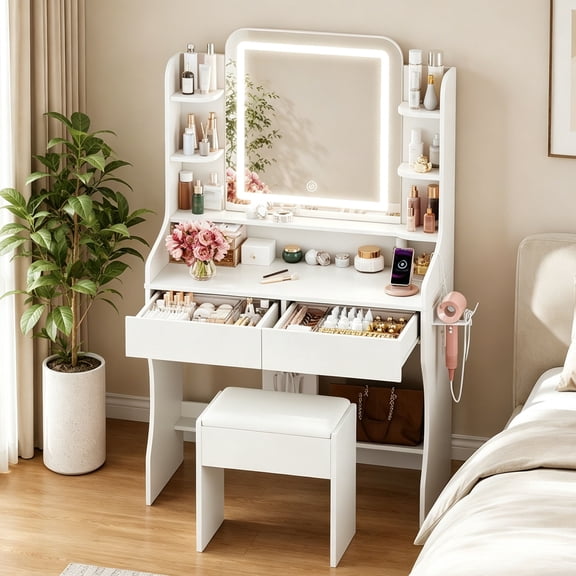 White Vanity Set with Mirror and Lights, Akaber Makeup Vanity Desk with Chair, Charging Station, Vanity for Women