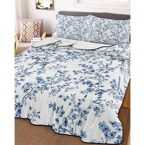 Navy Blue Spring Floral Twin Size Down Alternative Comforter, Lightweight Comforter Quilt Bedding Set with Pillow Shams Elegant Pastoral Flowers All Seasons Bed Comforter Duvet Insert 68"x86"