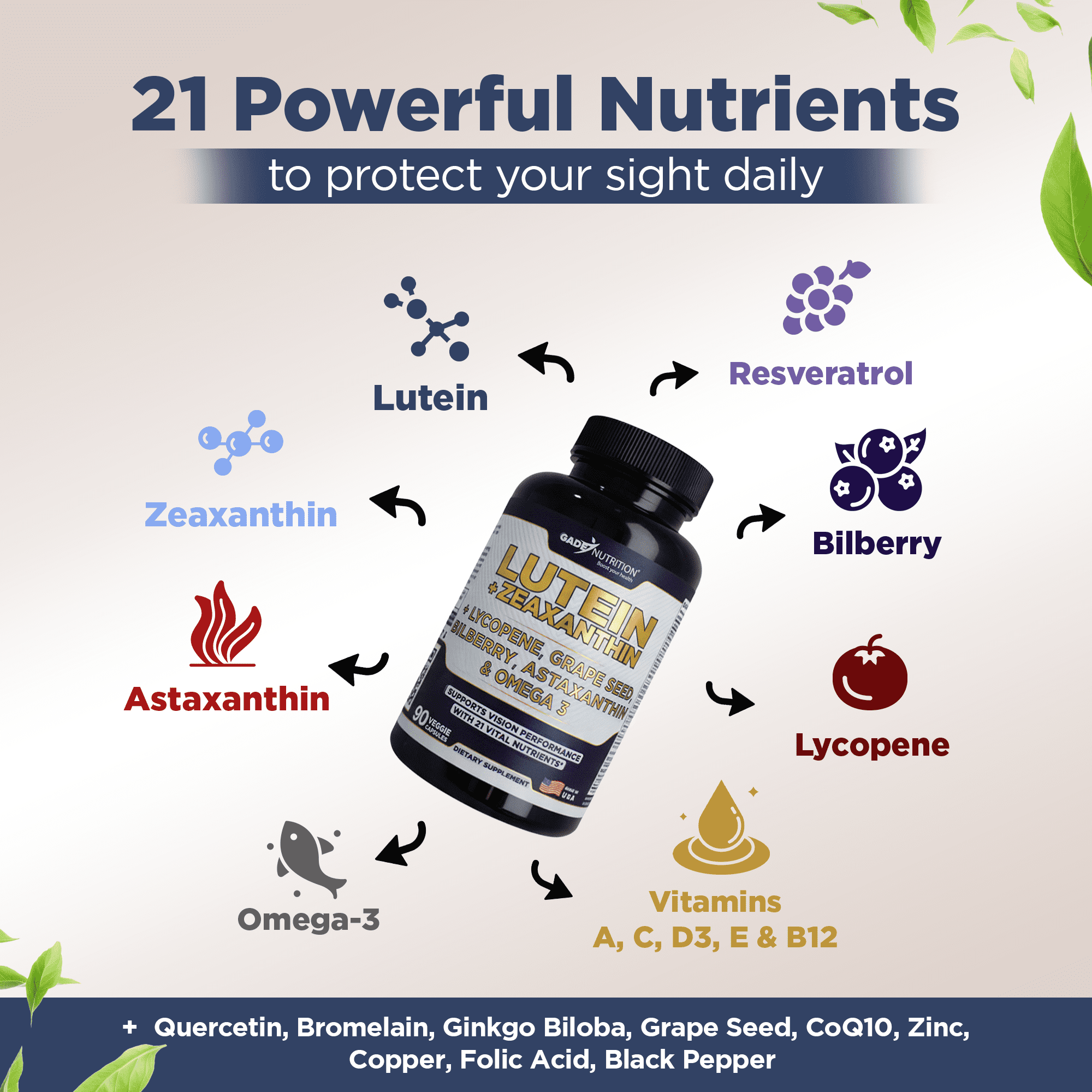 Gade Nutrition Lutein and Zeaxanthin Supplements + Astaxanthin, Omega 3, Resveratrol, Bilberry, Lycopene, Quercetin, Ginkgo Biloba, Vitamin D - Advanced Eye Support & Health Vision Formula
