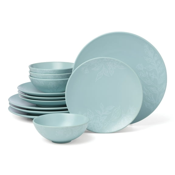 Oneida Roseto French Blue 12-Piece Blue Stoneware Tableware Set (Service for 4)