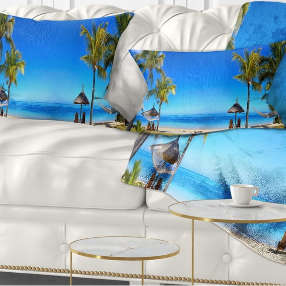 Designart Mauritius Beach with Chairs - Seashore Photo Throw Pillow - 12x20