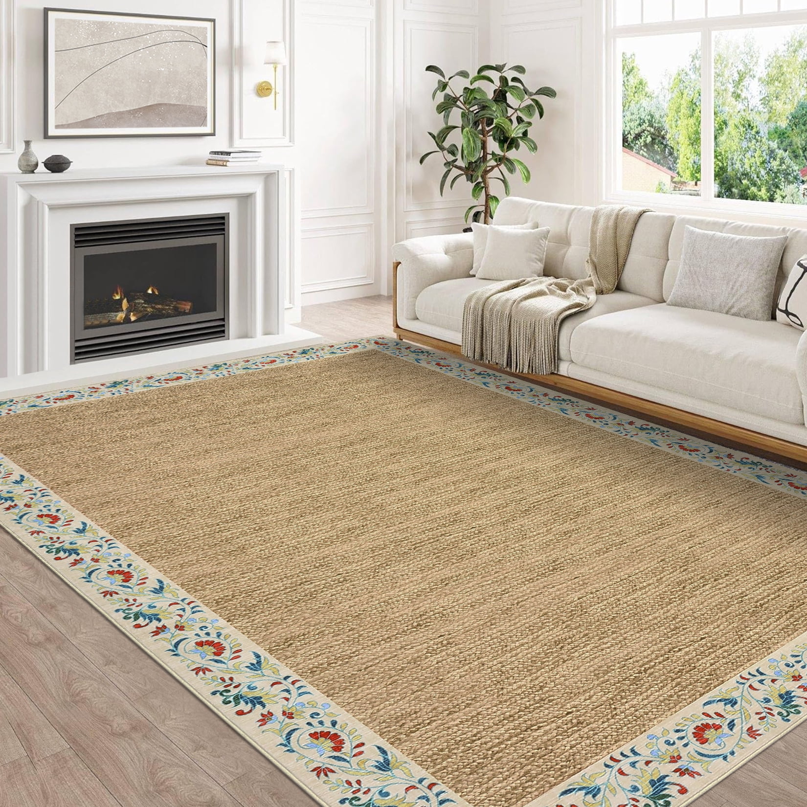 Hasoo Modern Simulated Woven Texture Floral Bordered Area Rug for Living Room Washable 5' x 7' Non Shedding Neutral Indoor Decor Carpet, Beige