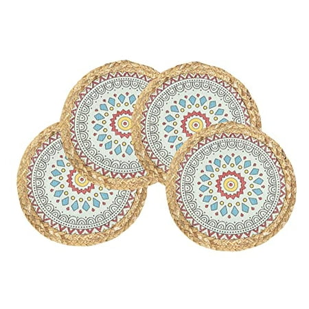 

Fennco Styles Eclectic Mandala Water Hyacinth Edge Placemats 13 Round Set of 4 - Aqua Diamond Heat Resistant Insulation Table Mats for Home Boho Décor Dining Table Banquets Holidays